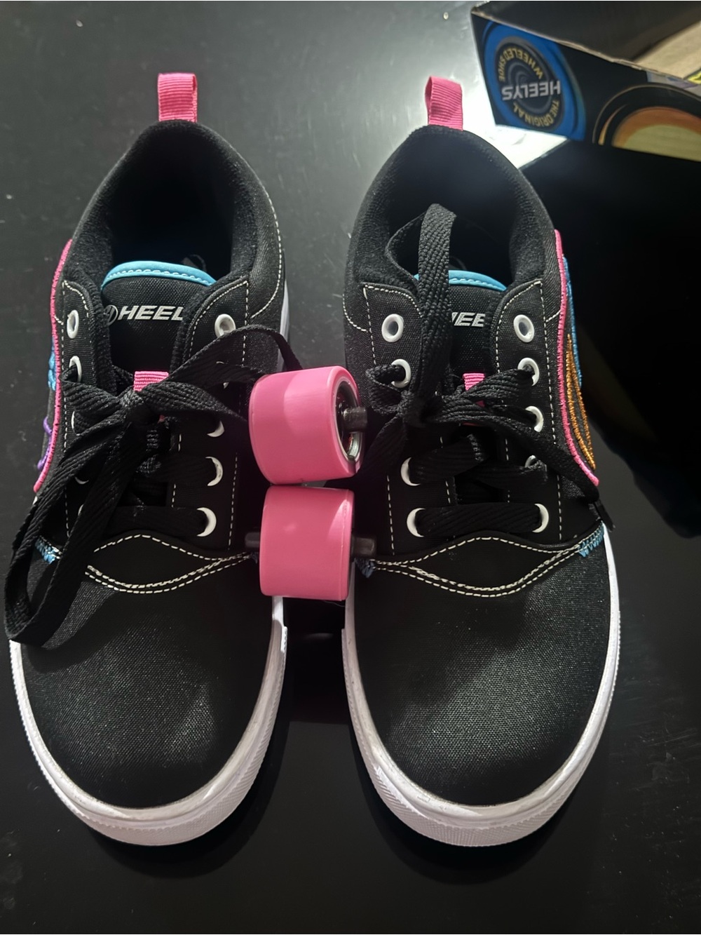 Heelys Kids Black Sneakers with Pink Wheels and Blue Accents